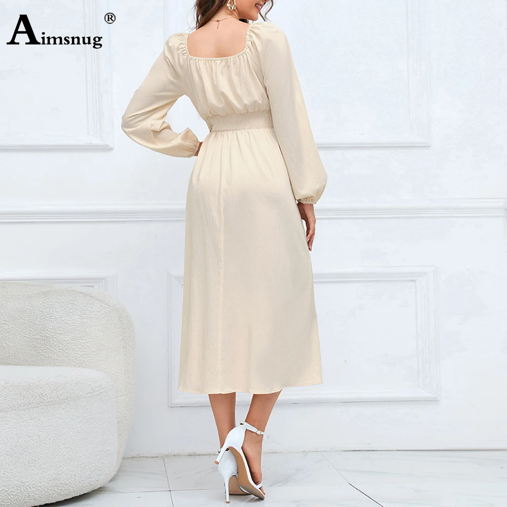 Aimsnug Women Long Sleeves Mid-Calf Dress Apricot Black V-neck Party Dresses 2023 Female Vintage Bandage Casual Slim Waist Dress