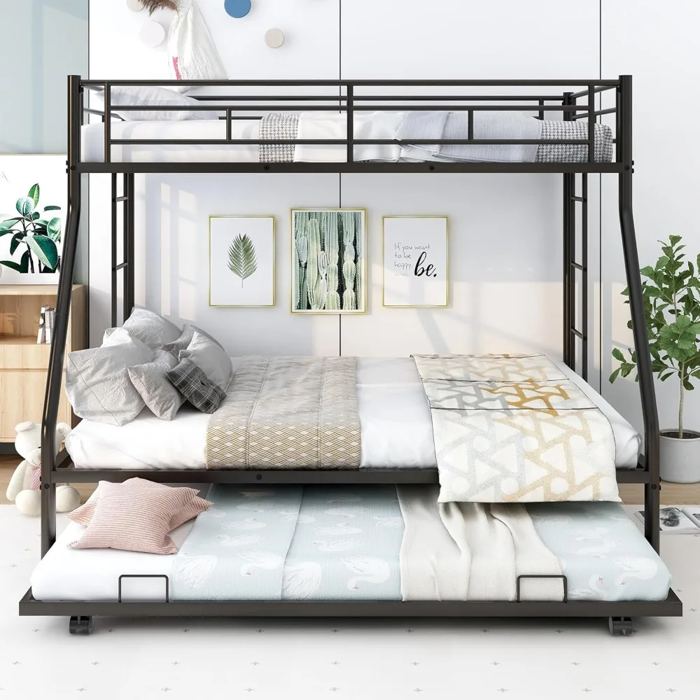 Triple Bunk Beds,Bunk Bed with Trundle,Sturdy Steel Bunk Beds Frame for 3 Kids/Teens with Two Side Ladders and Safety Guard Rail