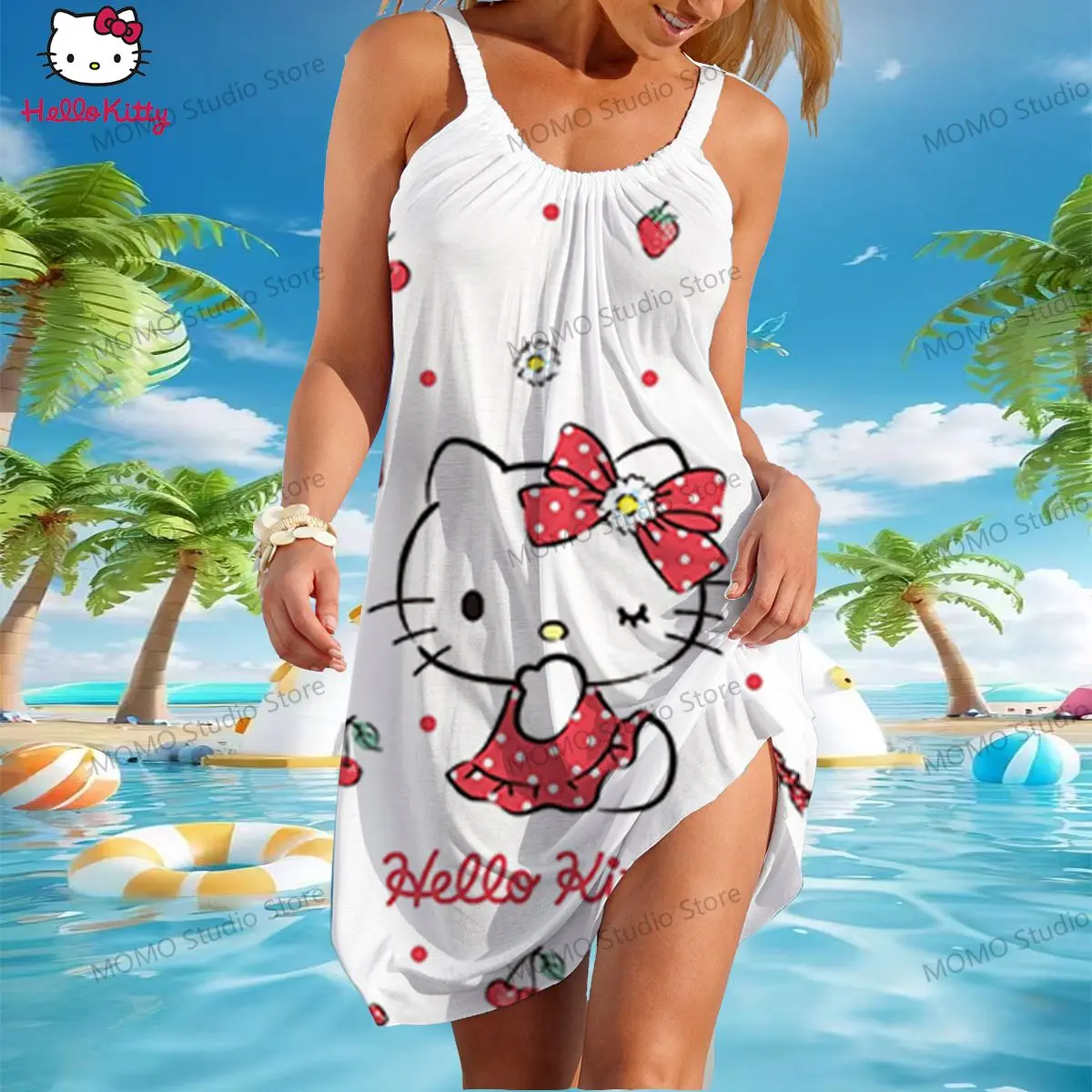 Vestido playero de Hello Kitty para mujer, ropa de verano, S-3XL, Y2k, bohemio, Sanrio, elegante, informal, juvenil, Sexy, 2024