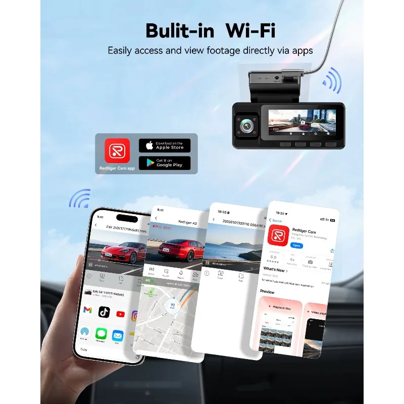 Redtiger Dealer A3 APP Controle 2K + 1080P + 1080P Visão noturna Carro Caixa preta Três câmeras de painel com WIFI GPS