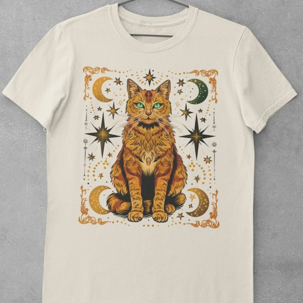 Mystic Orange Cat Tarot Shirt Witchy Astrology Cat Tee Celestial Runes T-Shirt Magic Cat Lover Gift Clothing Women Fashion Tops