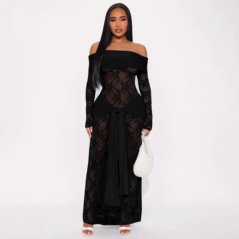 Leosoxs 2025 Fall Womens Patchwork Sheer Lace Off Shoulder Dress Sexy Slash Neck Long Sleeve Bodycon Evening Gown Party Clubwear