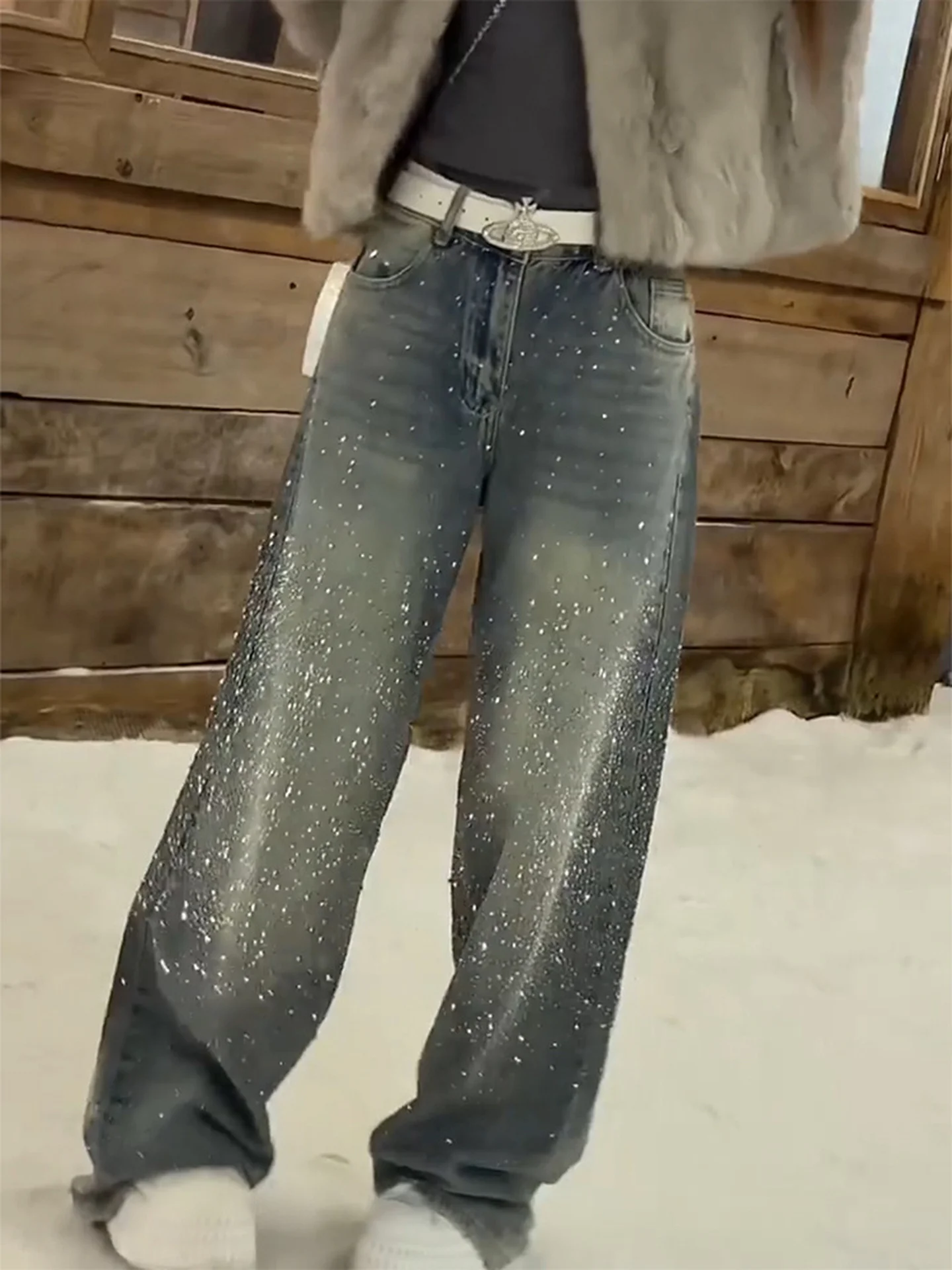 ルーズフィットキラキラデニムジーンズ女性のハイウエストワイドレッグパンツスリミングスレ秋冬ファイオントレンドプラスサイズ