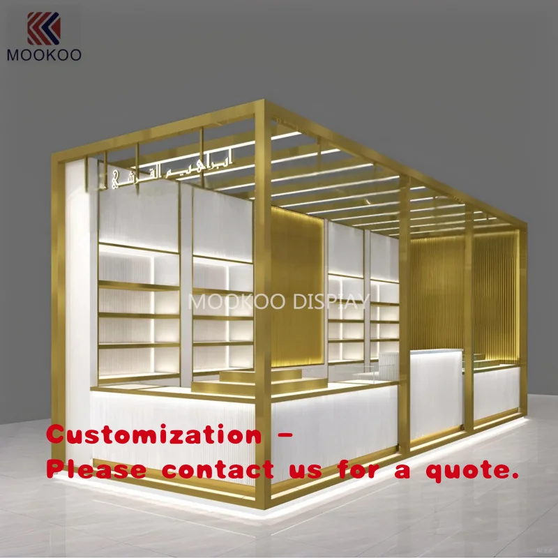 custom.MOOKOO LED Elegant Perfume Showcase Cabinet with Polished Stainless Steel Corner Shelf Fragrance Retail Display