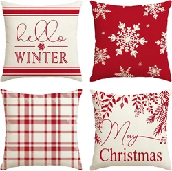 MerryChristmas Hello Winter Buffalo Plaid Snowflake Red Throw Pillow Cover,Winter Holiday Cushion Case Decoration for Sofa Couch