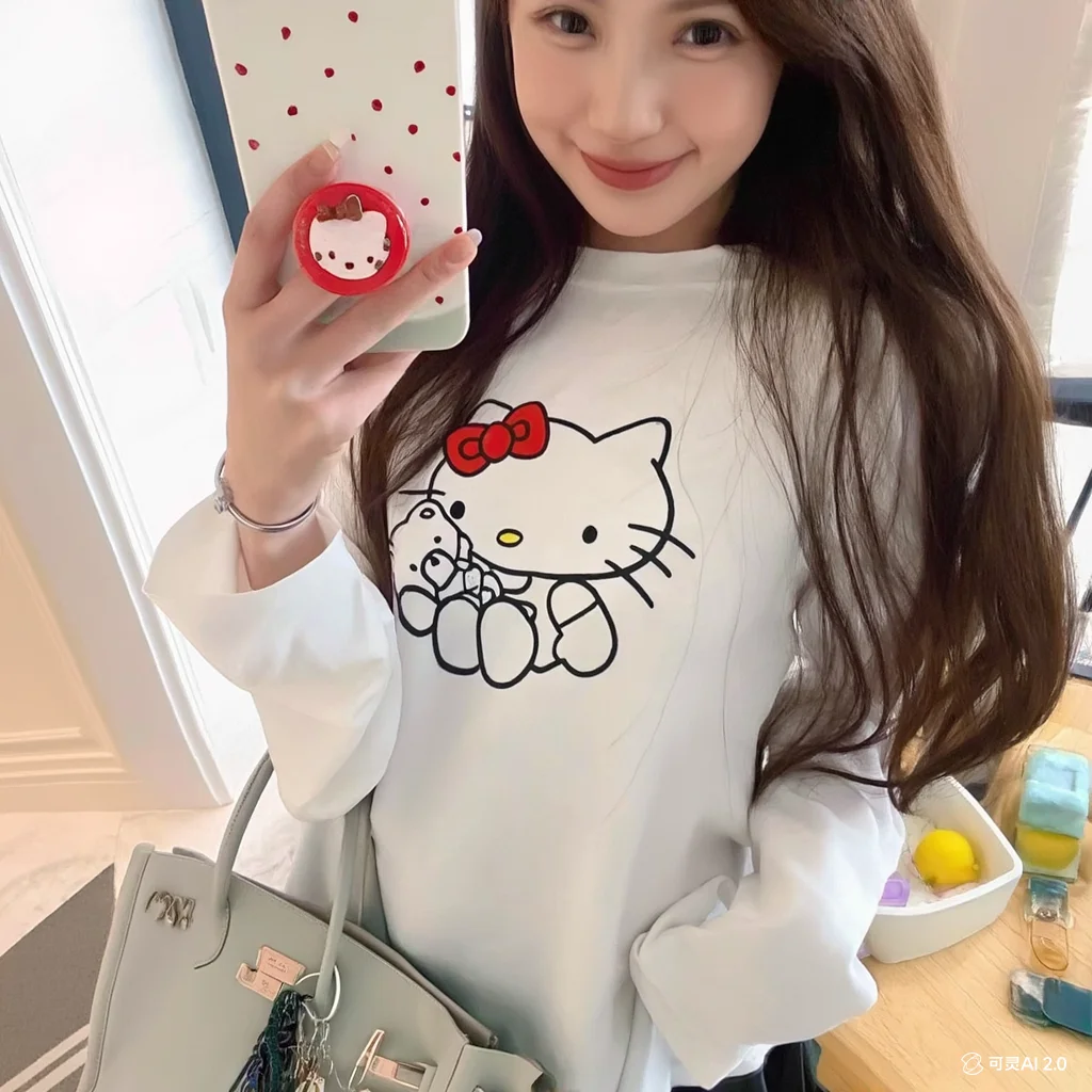 Kawaii Hello Kittys Trend Fresh Sweet Korean Version Literatur Retro Langarm Druck Literatur Rundkragen All-Match