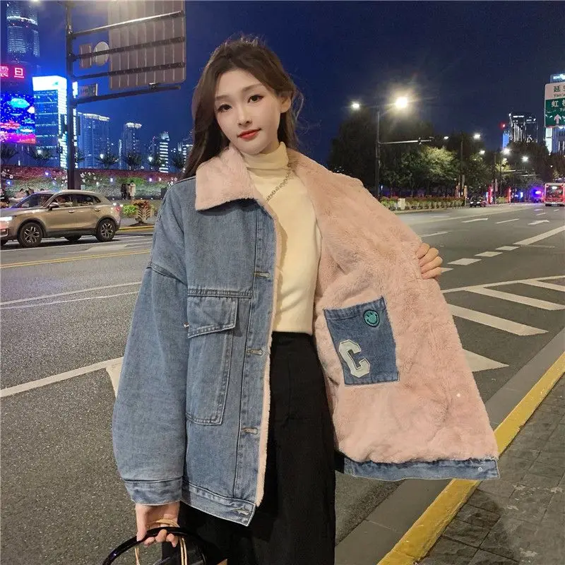 

Rabbit Velvet Denim Cotton-Padded Jacket Women Overcoat Winter New Wear On Both Sides Thick Warm Parker Coat Loose Jeans Jackets