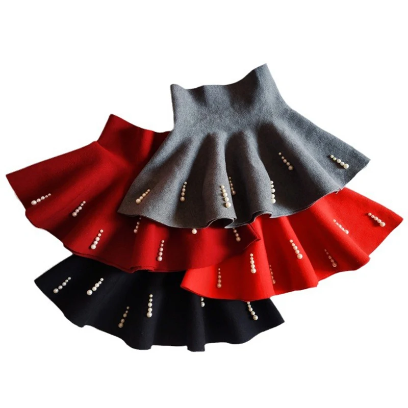 

2-10 Years Winter Korean Baby Girls' Skirt Pleated Tutu Skirts Children Pearls High Waist Knitted Princess Skirts Kids Clothes