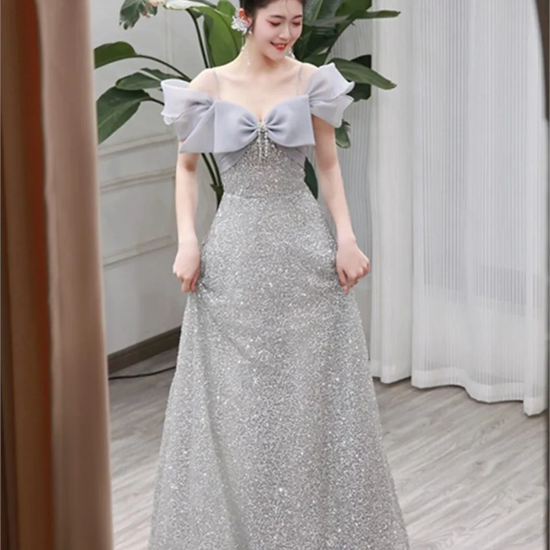 Plus-size sequins new fat one-shoulder toasting Test banquet host dress