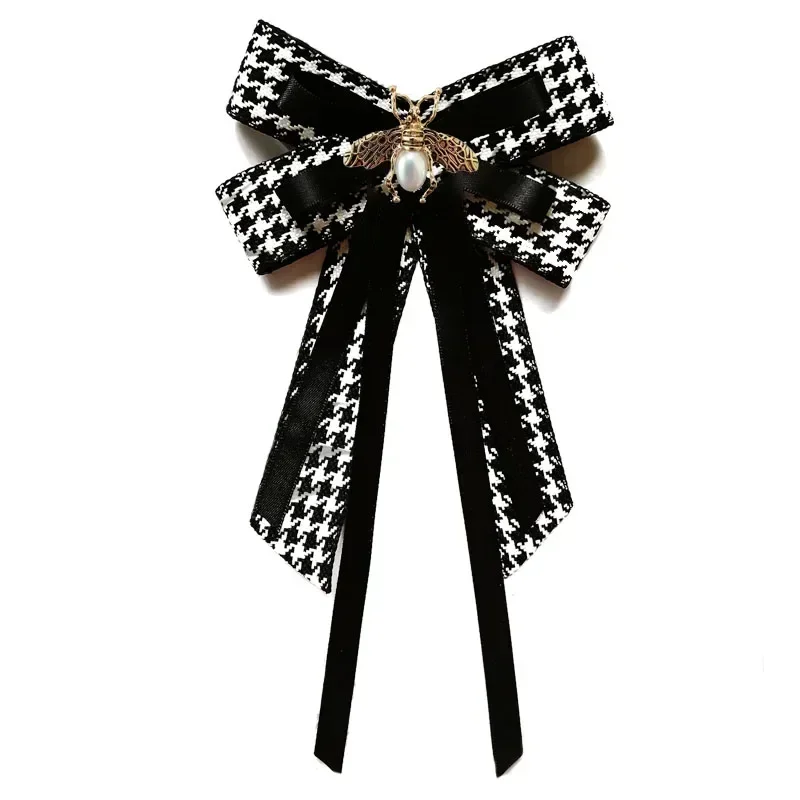 Bow Tie for Women Korean High-end College Style Pearl Rhinestone Houndstooth Bowtie Shirt Pin Collars Flower Female Accessories