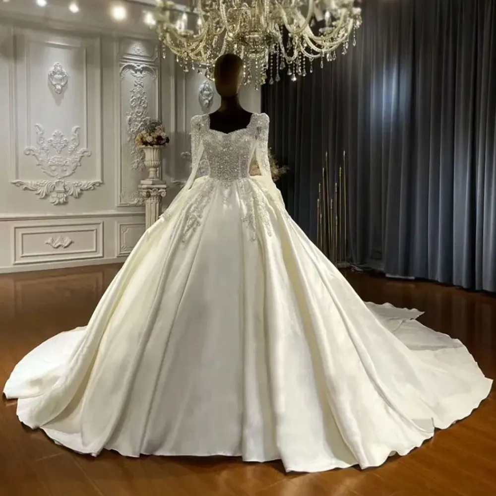 Vestidos de novia de satén de lujo con espalda, lazo grande, encaje, cuentas de cristal, escote Corazón, mangas largas, largo hasta el suelo, vestidos de baile