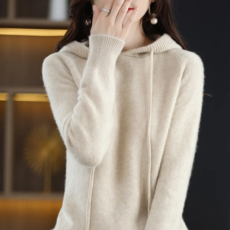 

2025 женский кашемировый пуловер с капюшоном, свитер из 100% кашемира, трикотаж, весна-осень, повседневная простая стильная толстовка с капюшоном, одежда, топы