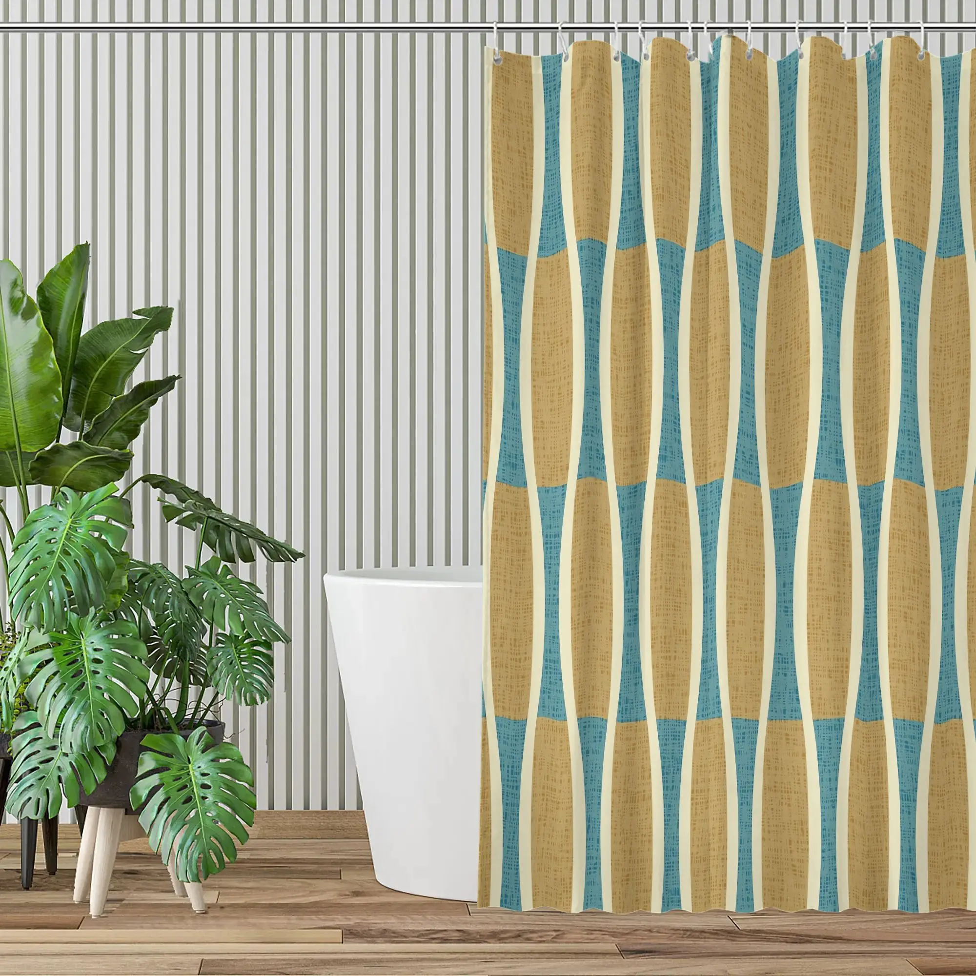 Waterproof Striped Shower Curtain Liner Boho Gold Blue Stripe Pattern Modern Luxury Bathroom Decor Home Shower Curtain - view 2