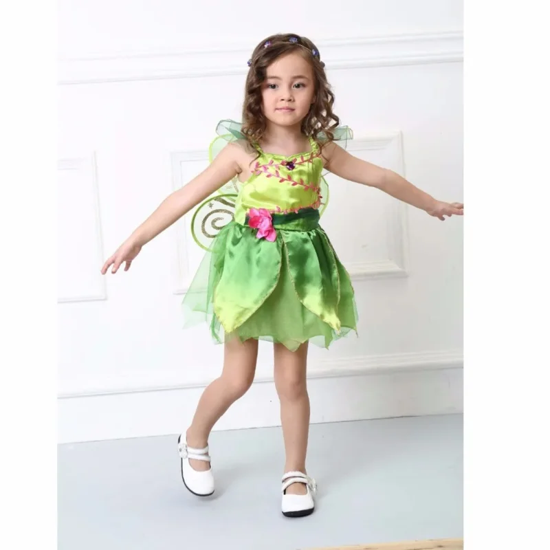 Green Tinkerbell Fairy Costume Tinker Bell Princess Fancy Dress with wing Halloween Cosplay Clothing (include wing)