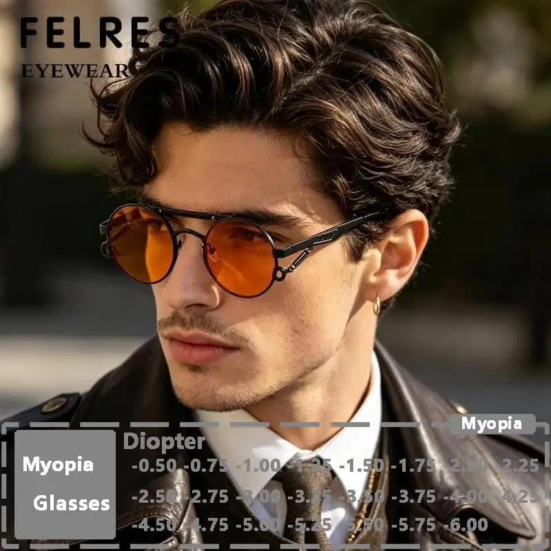 Vintage Circular Metal Yellow Myopia Sunglasses Men Women Steampunk Prescription Outdoor Shade Eyeglasses Negative Diopter
