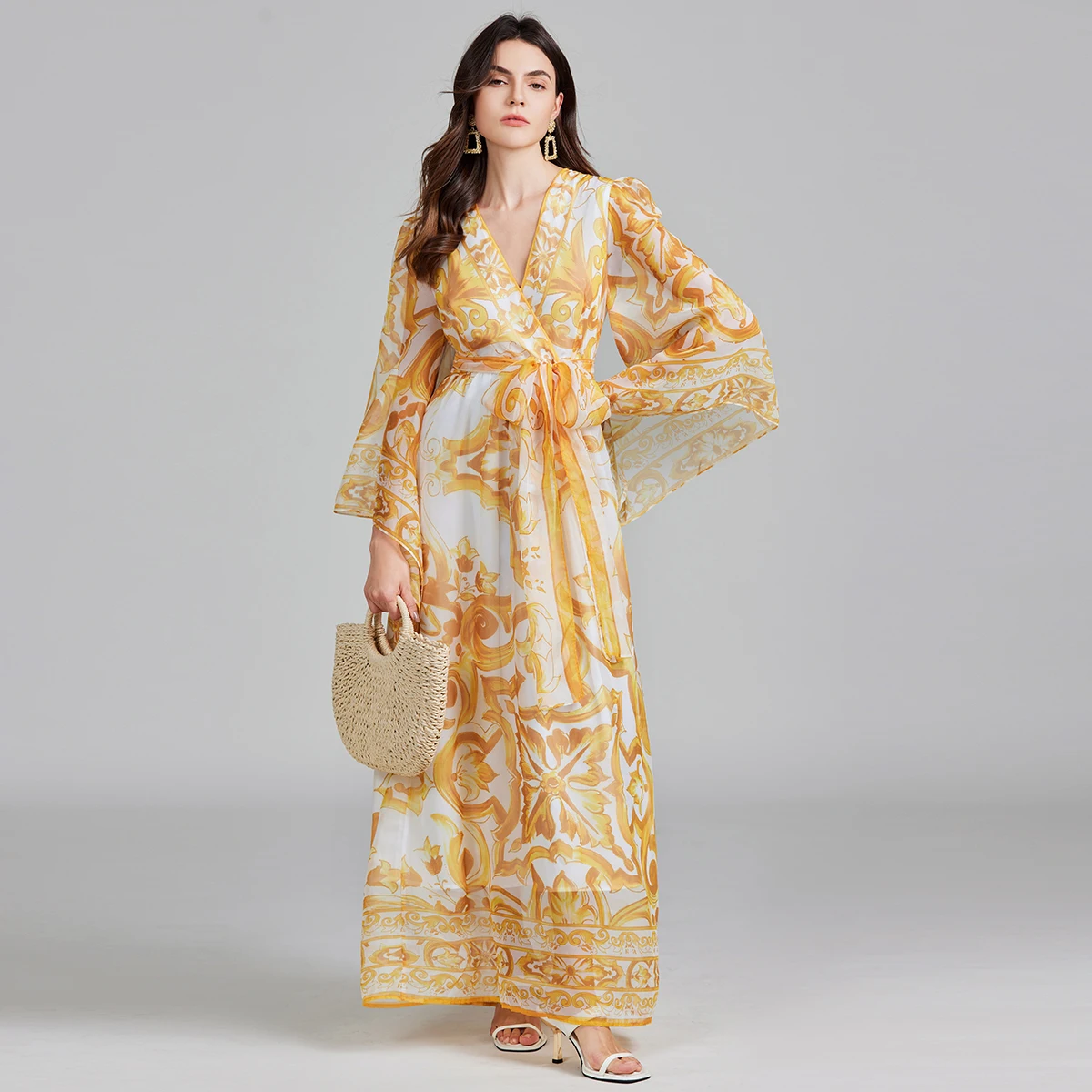 Robe longue en mousseline de soie jaune et blanche pour femme, col en V, manches évasées, ceinture à lacets, robe taille haute, vêtements de vacances Boho, automne