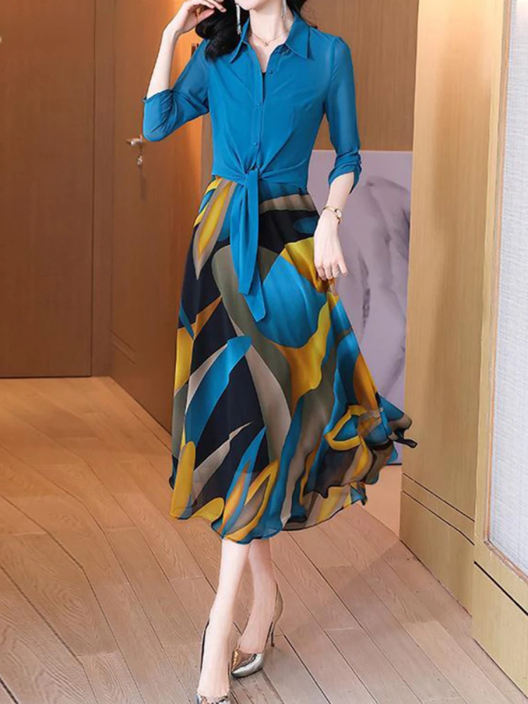 

Elegant Fashion Printing Two Piece Set Chiffon Dresses Summer Autumn Half Sleeve Polo-Neck Slim Midi Dress Women's Clothing N32