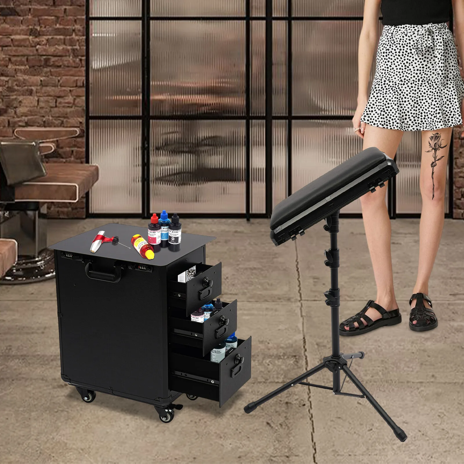 

Rolling Tattoo Case Portable Makeup Suitcase w/Tattoo Hand Rest Bracket Black