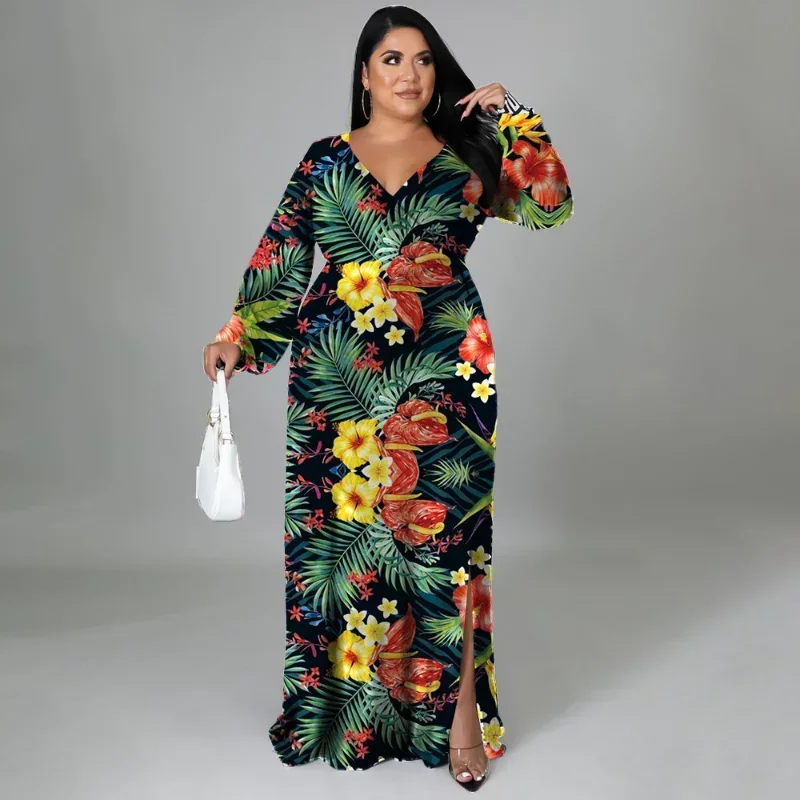 KEXU Elegant Plus Size Women Long Bohemian Dress Floral Leaf Long Sleeve High Waist V Neck Big Swing Shirt Style Maxi Long Dress