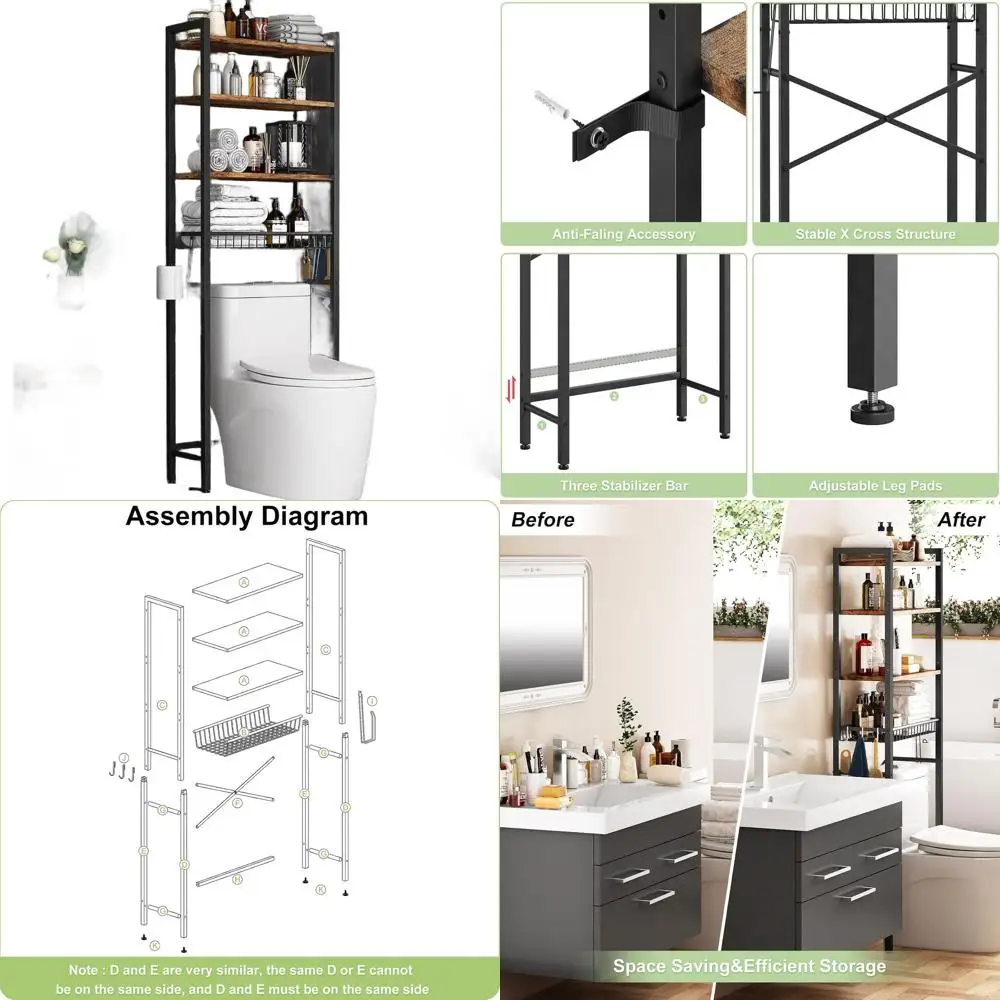 

Vintage Brown 4-Tier Over Toilet Storage Rack with Adjustable Shelves and Basket, Freestanding Bathroom Organizer for Space Savi