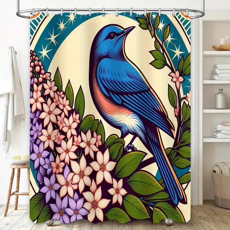 Creative Bird Bath Shower Curtain Bluebird Floral Design Decorative Waterproof Bathroom Hanging Canvas Fabric Custom Size Availa