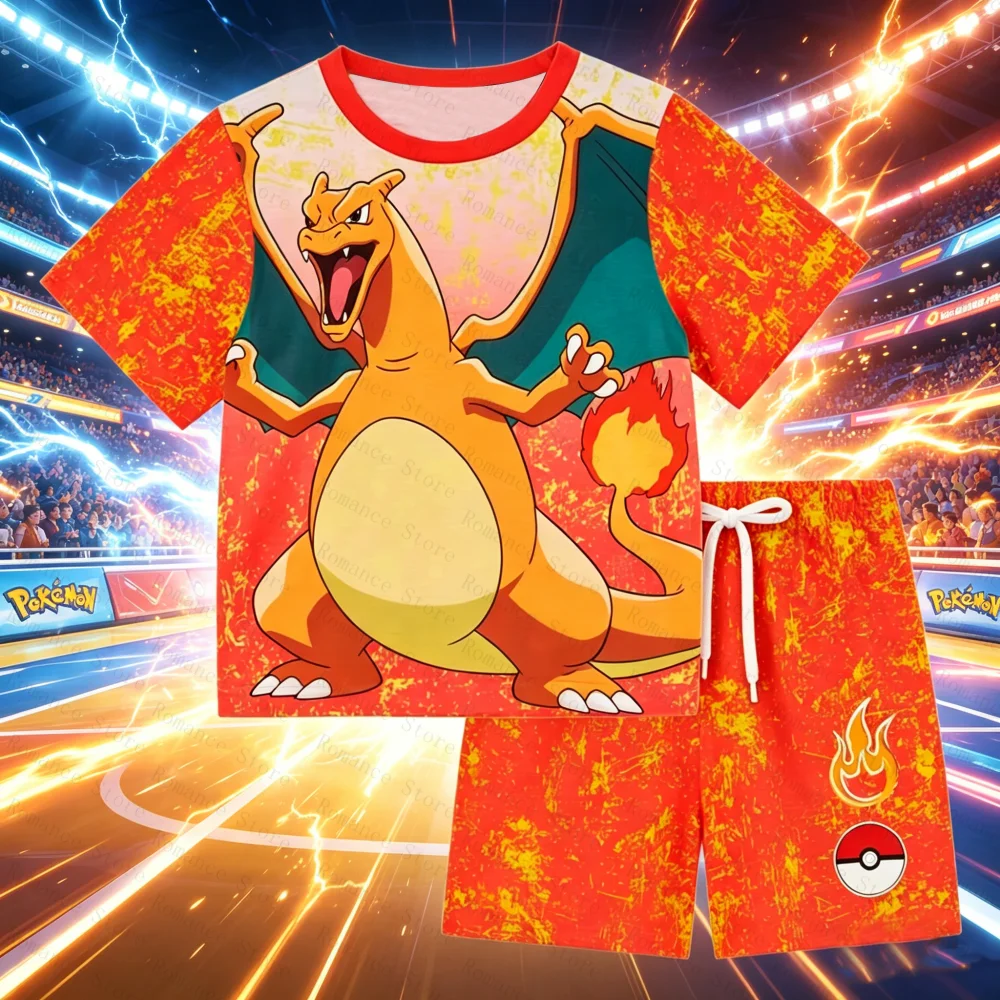 Conjunto de pijamas con estampado de Charizard para niños, conjunto de camiseta de manga corta de Anime Pokemon para niños, conjunto de camiseta cómoda de 2 piezas, camisas y pantalones cortos para hombre