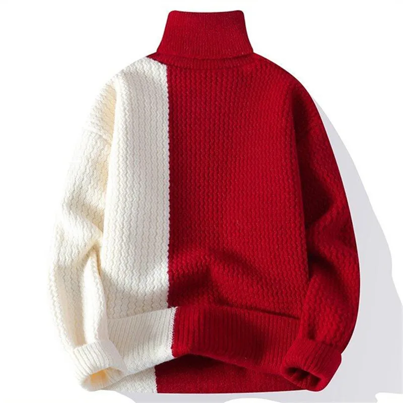 Autumn Winter Men\'s Knitted Turtleneck Sweater Fashion Patchwork Casual Knit Pullovers Men Loose Warm Pull Sweaters Streetwear