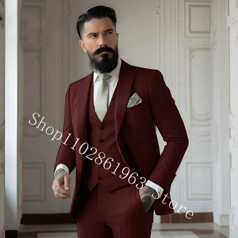 

Burgundy 3 Pieces Male Suit Slim Fit Best Men Groomsmen Bridegroom Formal Wedding Tuxedo Blazer+Vest+Pants Costume Homme Mariage