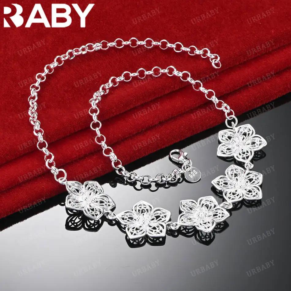 

URBABY 925 Sterling Silver 50cm Hollow Flowers Necklace For Women Charm Trend Birthday Gifts Fashion Party Fine Jewelry
