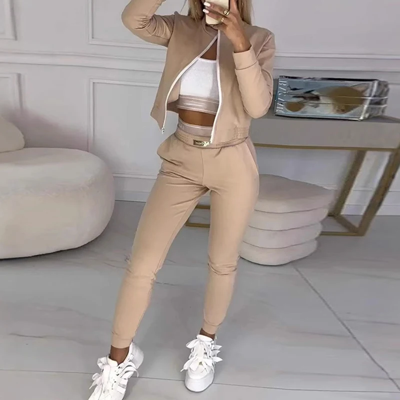 

Women O Neck Zipper Short Coat and Pant 2pc Set Female Casual Long Sleeve Solid Outfit 2025 Elegant Pockets Slim Sport Loose Set