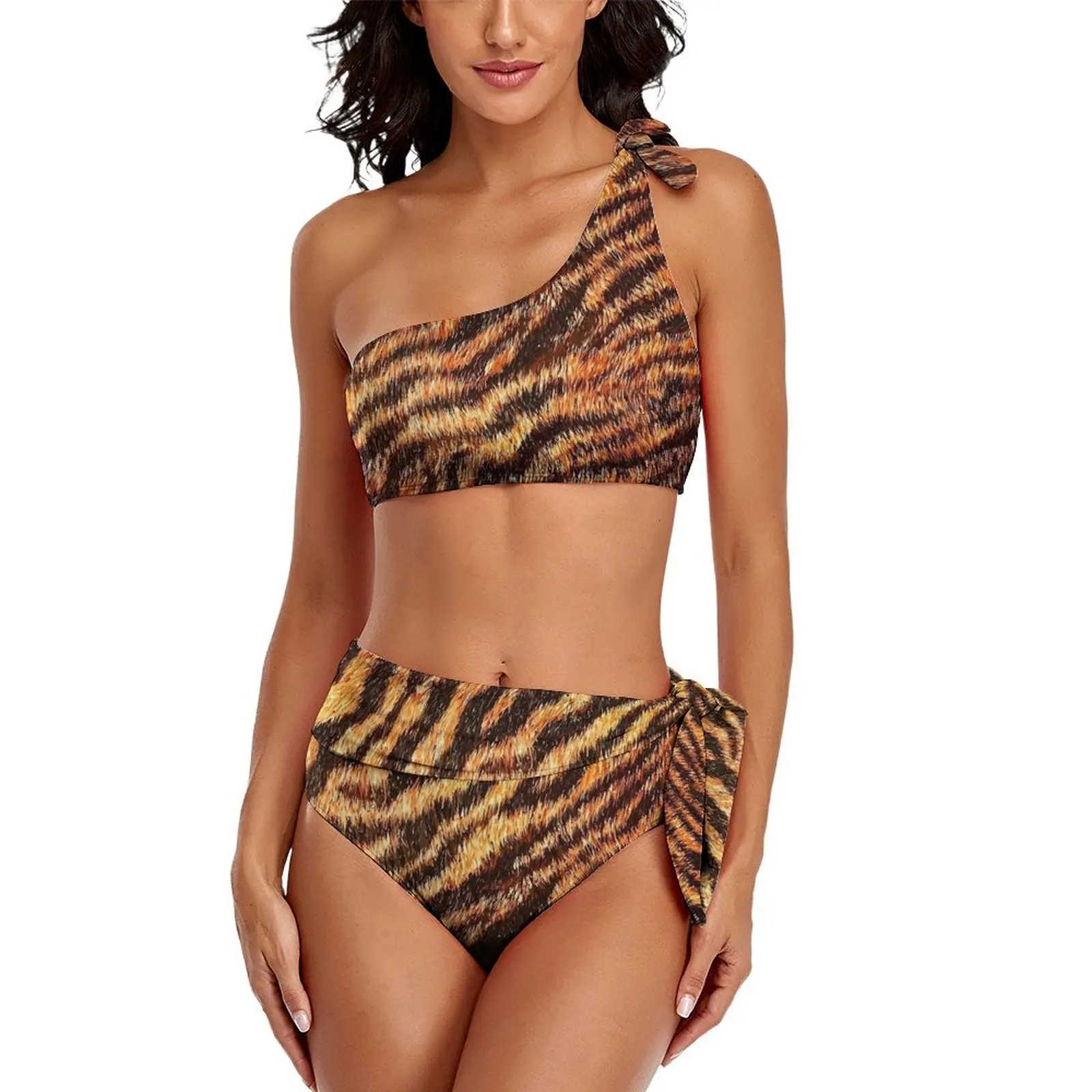 

Tiger Print Bikini Swimsuit Animal Fur One Shoulder Swimwear Sexy Design Bikini Set Women Push Up Bathing Suit Gift