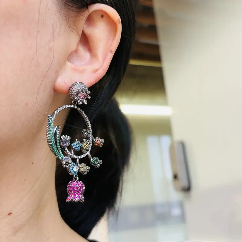 Bilincolor Fashion Blue Cubic Zirconia Flower Big Earring for Women