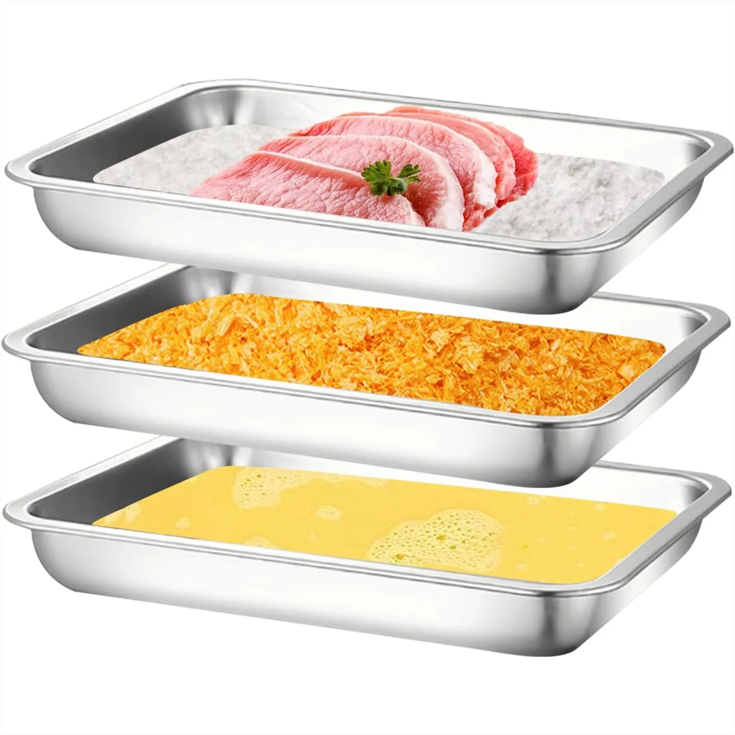 Juego de 3 bandejas de acero inoxidable para rebozar, recipientes para rebozar pechugas de pollo, marinar carne y preparar comidas, 10.4x7.7x1.9