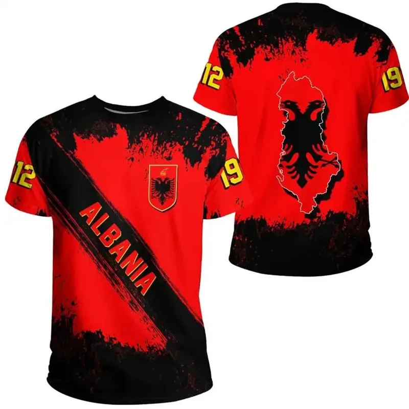 Albania Flag Men\'s T-shirt 3D Print Albanian National Emblem Tops Short Sleeve O-Neck Oversized Sports Male Tee Shirt Clothing