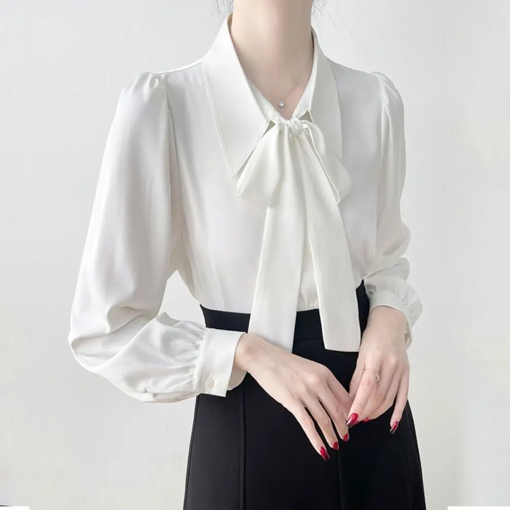 Casual Flip collar Flare Sleeve Shirts Loose French Style Lace-up Bowknot Blouse Ins Style Overshirts Shirts Women Women