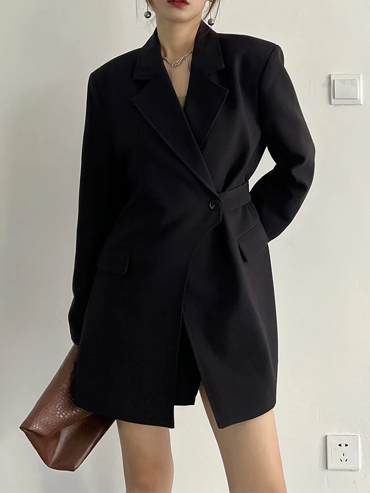 Fashion Women Blazer Notched Collar Loose Single Button Lacing Strap Long Sleeve Black Suit Jackets Spring 2023 New  O334