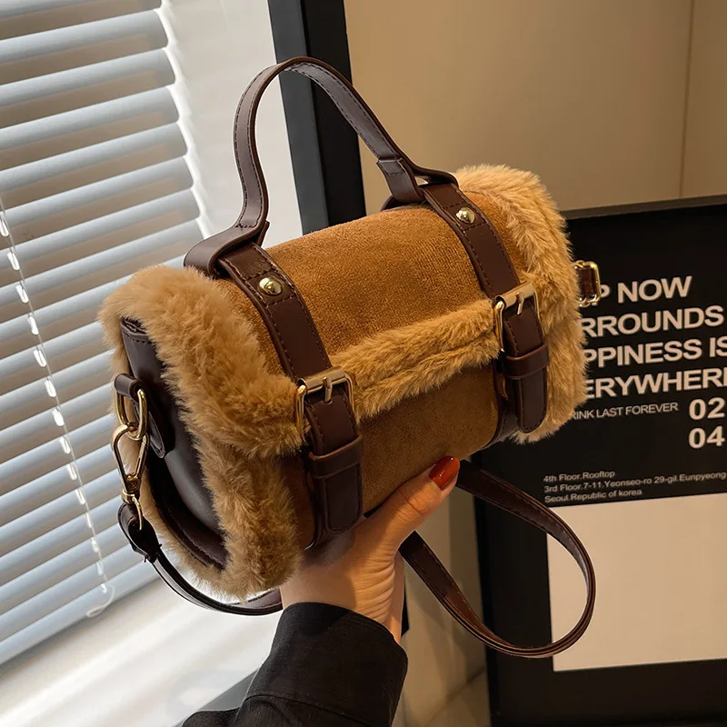 

Зимние женские сумки через плечо, плюшевая бархатная сумка из ягненка, женская маленькая квадратная сумка из искусственной кожи и мягкая плюшевая сумка-мессенджер