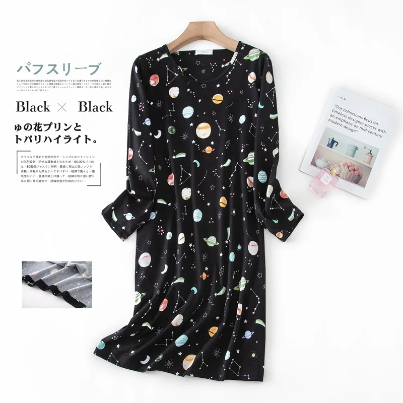 Plus Größe 100 kg 60 % Baumwolle Stricknachthemd Damen Nachthemden Langarm Schlafkleid Kawaii Cartoon Pyjama Nachtwäsche