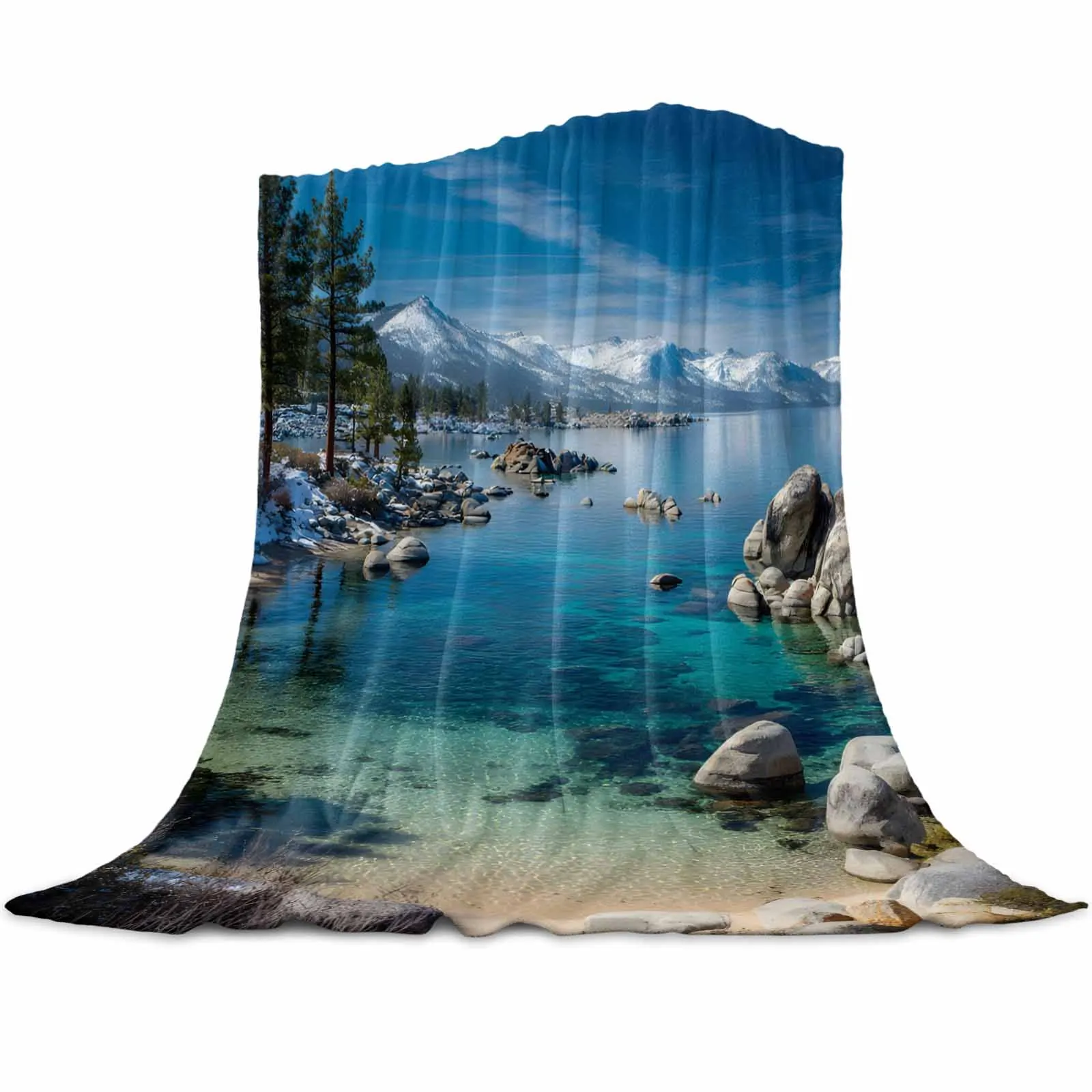 

Голубое небо, озеро, природа, лесной пейзаж, пледы, одеяла для дивана-кровати, зимние мягкие плюшевые теплые семейные друзья, праздничные подарки