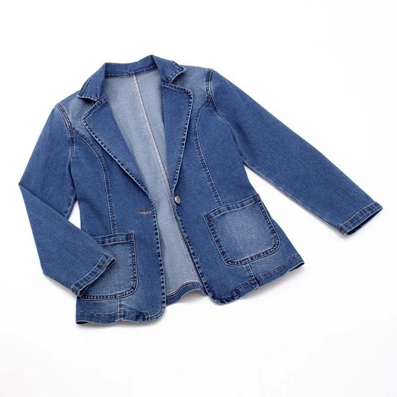 Spring Denim Suit Jacket Femme Long-Sleeve One Button Vintage Autumn Jeans Blazer Women Outerwear Cardigan Clothing