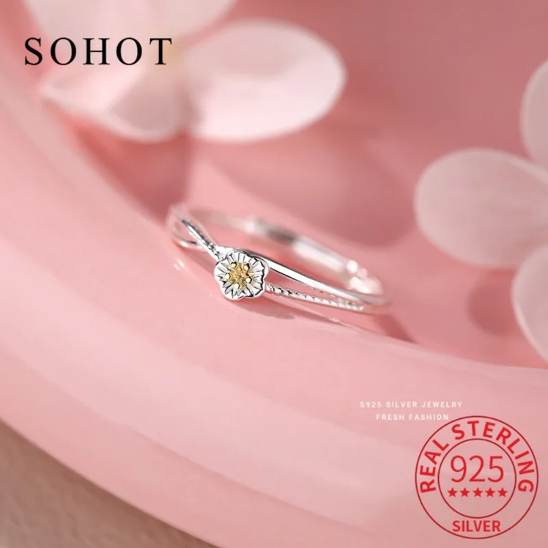 

Real 925 Sterling Silver Exquisite Flower Adjustable Ring for Elegant Women Cute Plant Fine Jewelry Light Luxury Accessories