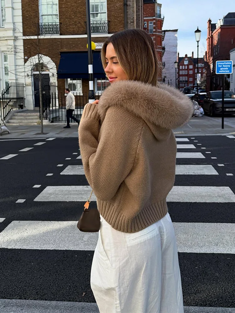 Vintage com capuz gola de pele do falso camisola casaco feminino 2025 outono inverno preguiçoso zíperes duplos malha cardigan sólido casual curto topos