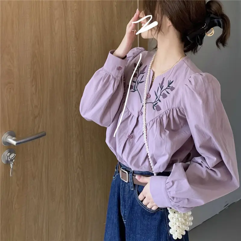 Folk Vintage Floral Embroidery Shirt Female Clothing Single-breasted Spring Autumn Long Sleeve Stylish Folds Loose O-Neck Blouse