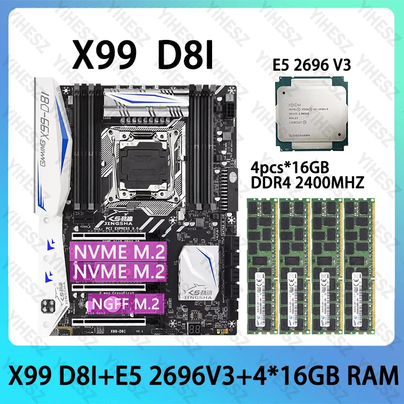 SZMZ X99 D8I Motherboard Kit E5 2696 V3 Processor LGA2011-3 4*16GB 128GB 2400MHz DDR4 EEC REG RAM Memory Combo Support NVME M.2