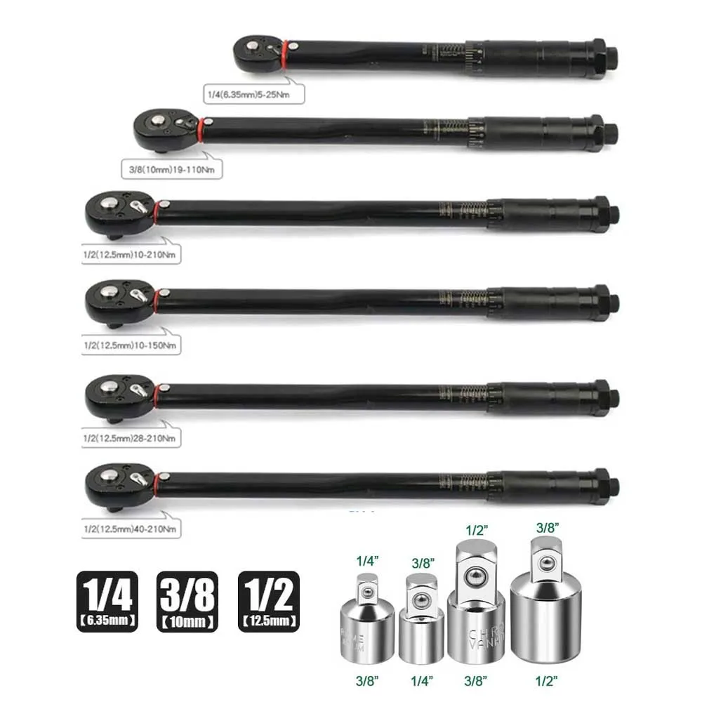 5-210N.m Torque Wrench 1/2\'\' 3/8\'\' 1/4\'\' Square Drive Preset Bicycle Torques Key Two-way Ratchet Car Bike Automotive Hand Tools