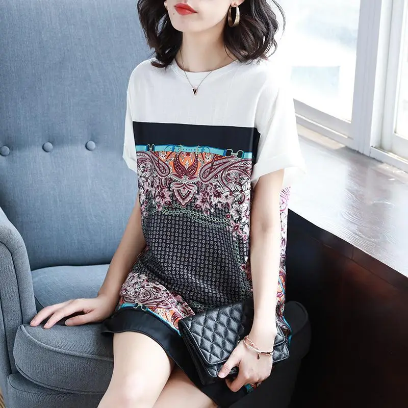 Fashion O-Neck Printed Spliced Loose Korean Mini Dress Women's Clothing 2023 Summer New Short Sleeve Office Lady Vintage Dress