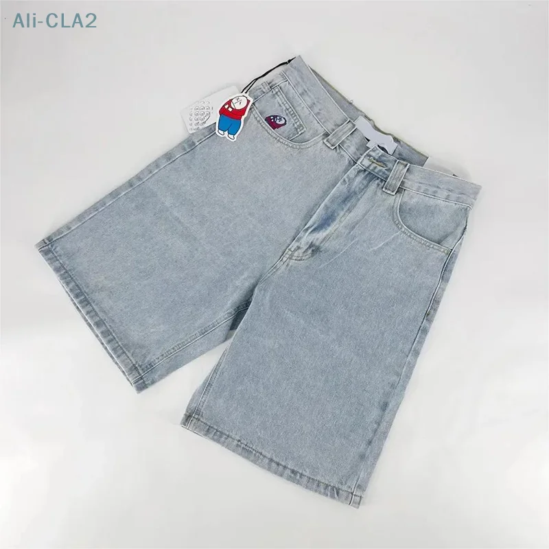 Y2k Retro Jean Shorts Womens Cartoon Embroidery Knee Length Baggy Jeans Wide Leg Denim Short Pants Mens Shorts Jorts