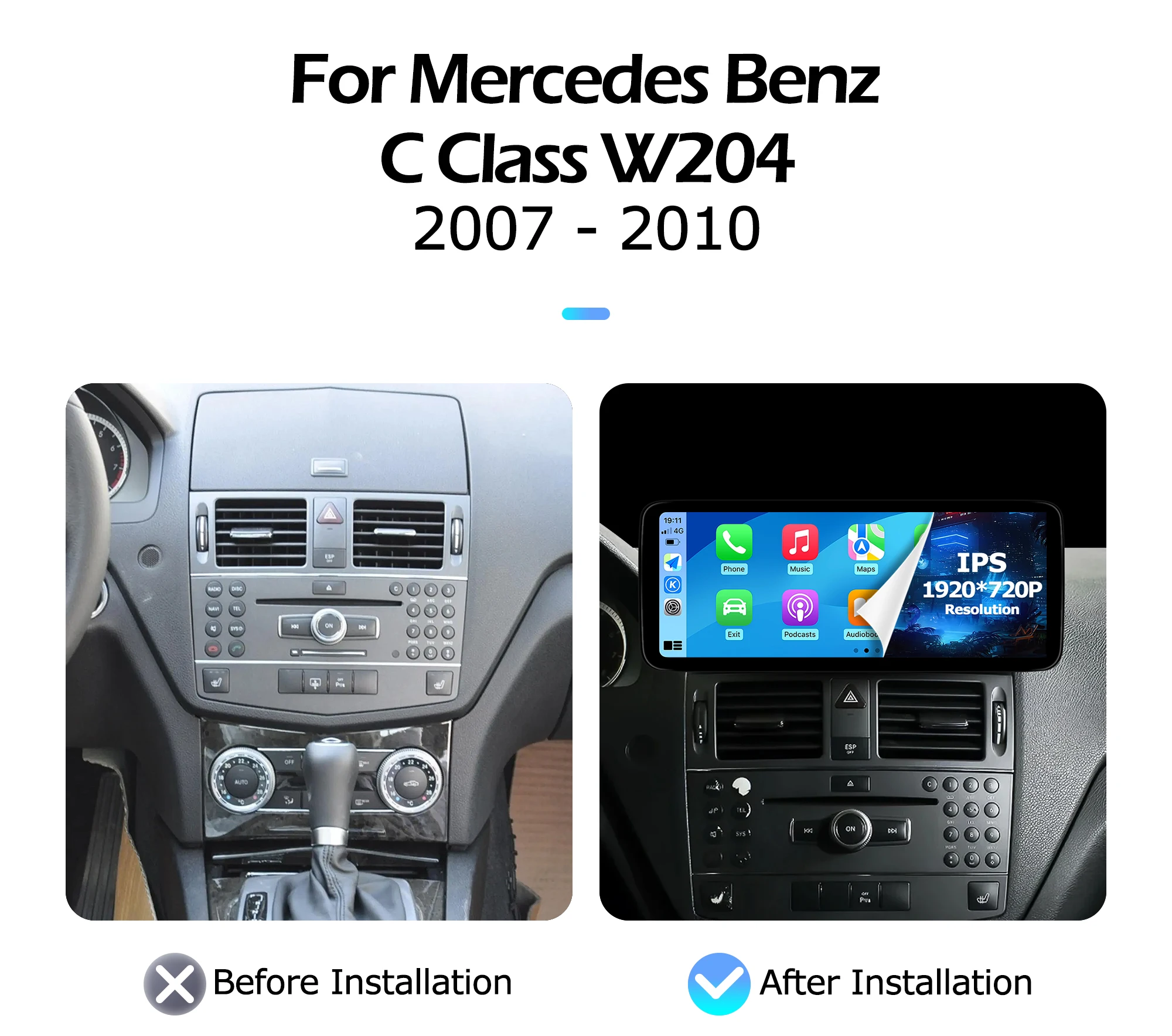 Wireles Carplay Android 16 12.3 inch For Mercedes Benz C Class W204 2007-2010 Lntelligent Multimedia Player GPS WIFI 1920*720P