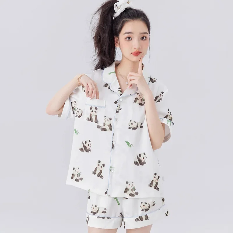 Women's Pajamas Sets Spring Autumn 2 Piece Panda Print Pyjama Faux Silk Satin Sleepwear Short Sleeve Pijama Mujer Pjs Homewear