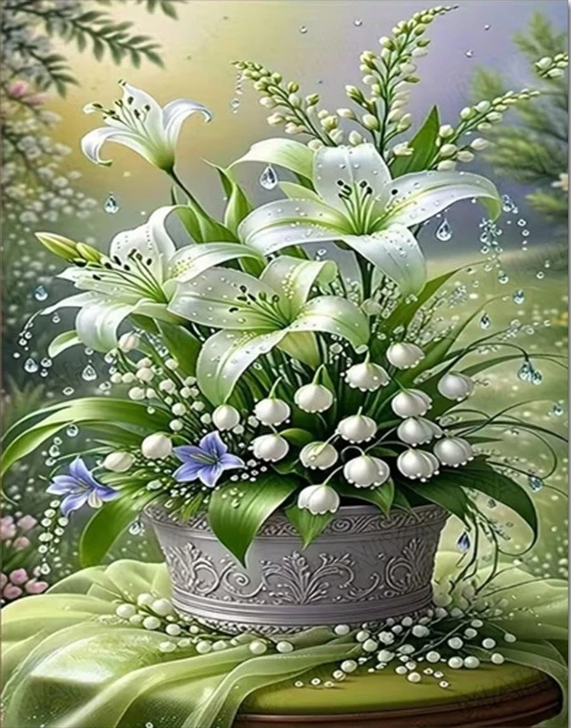 

1pc White Lily and Lily of the Valley Flower Picture 5D DIY Frameless Diamond Painting Kit